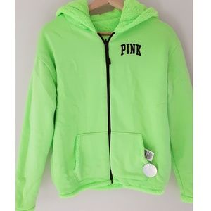 NWT VS PINK Green Sherpa Fleece Reversible Hoodie
